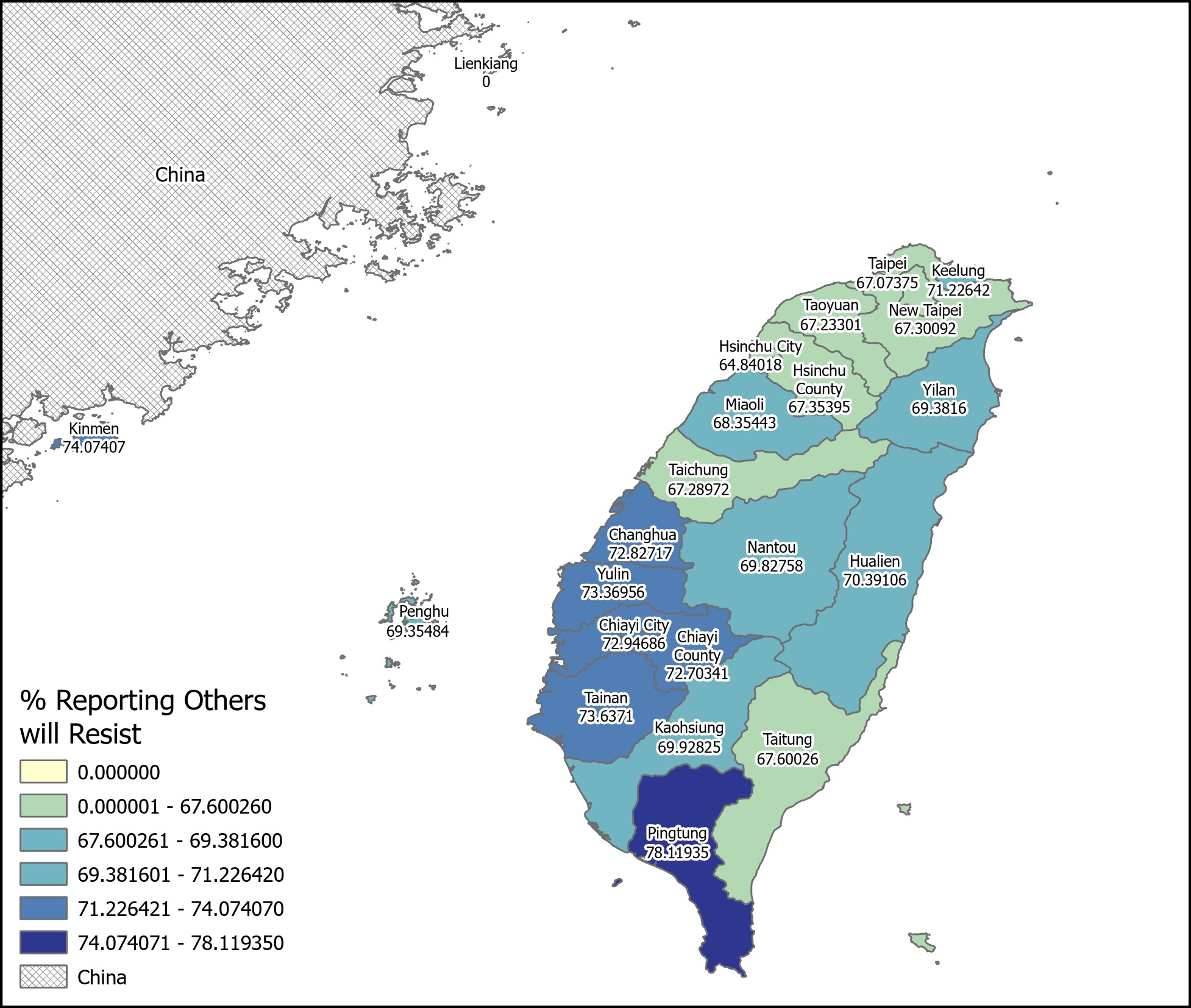 Choropleth map of Taiwan showing reported willingness to resist by county